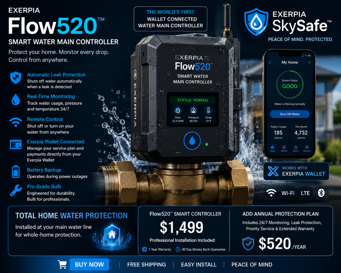 Exerpia Flow520™ Smart Water Main Controller with Professional Installation