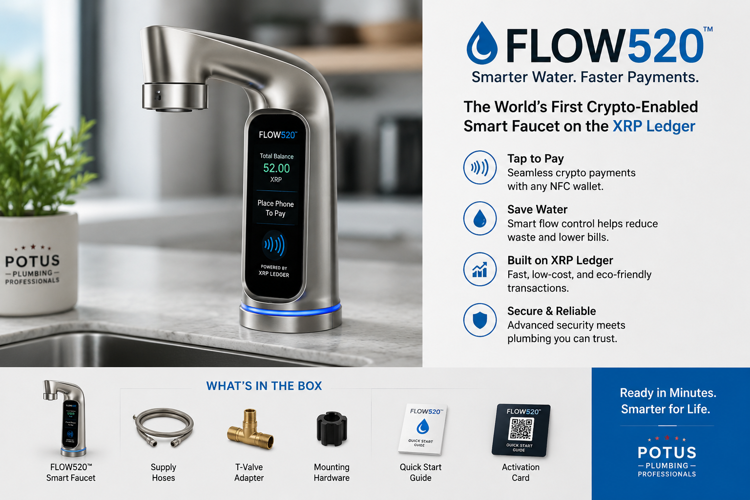 FLOW520™ Smart Crypto Faucet – Smarter Water. Faster Payments. Built on the Exerpia XRPLedger